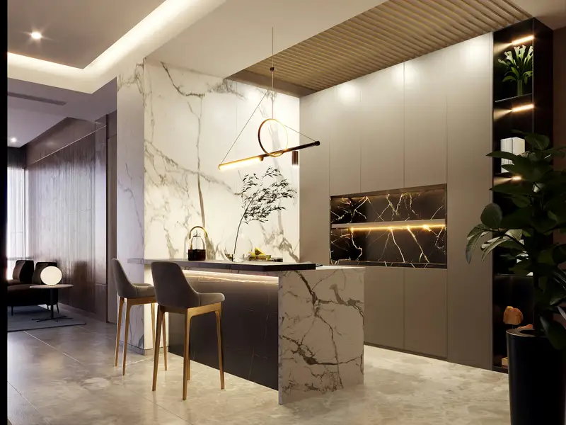 A kitchen with a backlit marble wall and a dark island