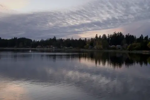 A calm lake at dusk reflecting a line of dark trees and a soft grey sky