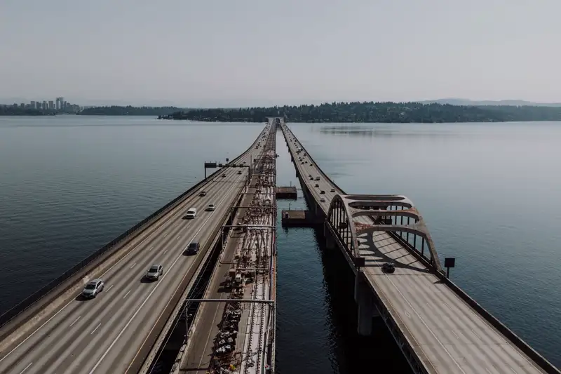 An aerial view of the floating bridge across Lake Washington toward the city